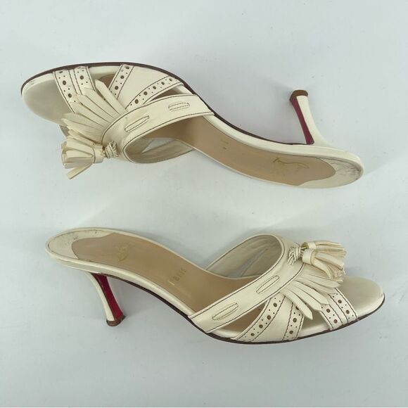 Christian Louboutin Fringe Peep Toe Mule Sandals Cream Leather EU 37.5 Heels - Picture 13 of 16